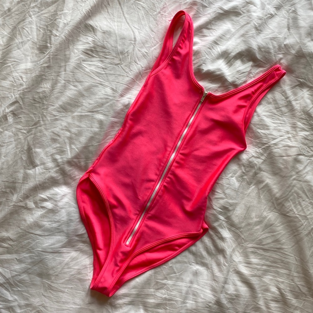 American Apparel Neon Pink Zip Up Bodysuit